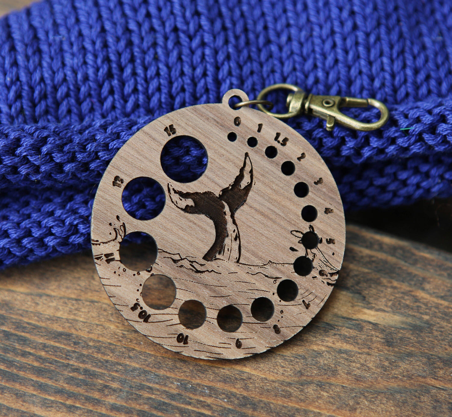Walnut Whale Tail Knitting Gauge with Bronze Clasp