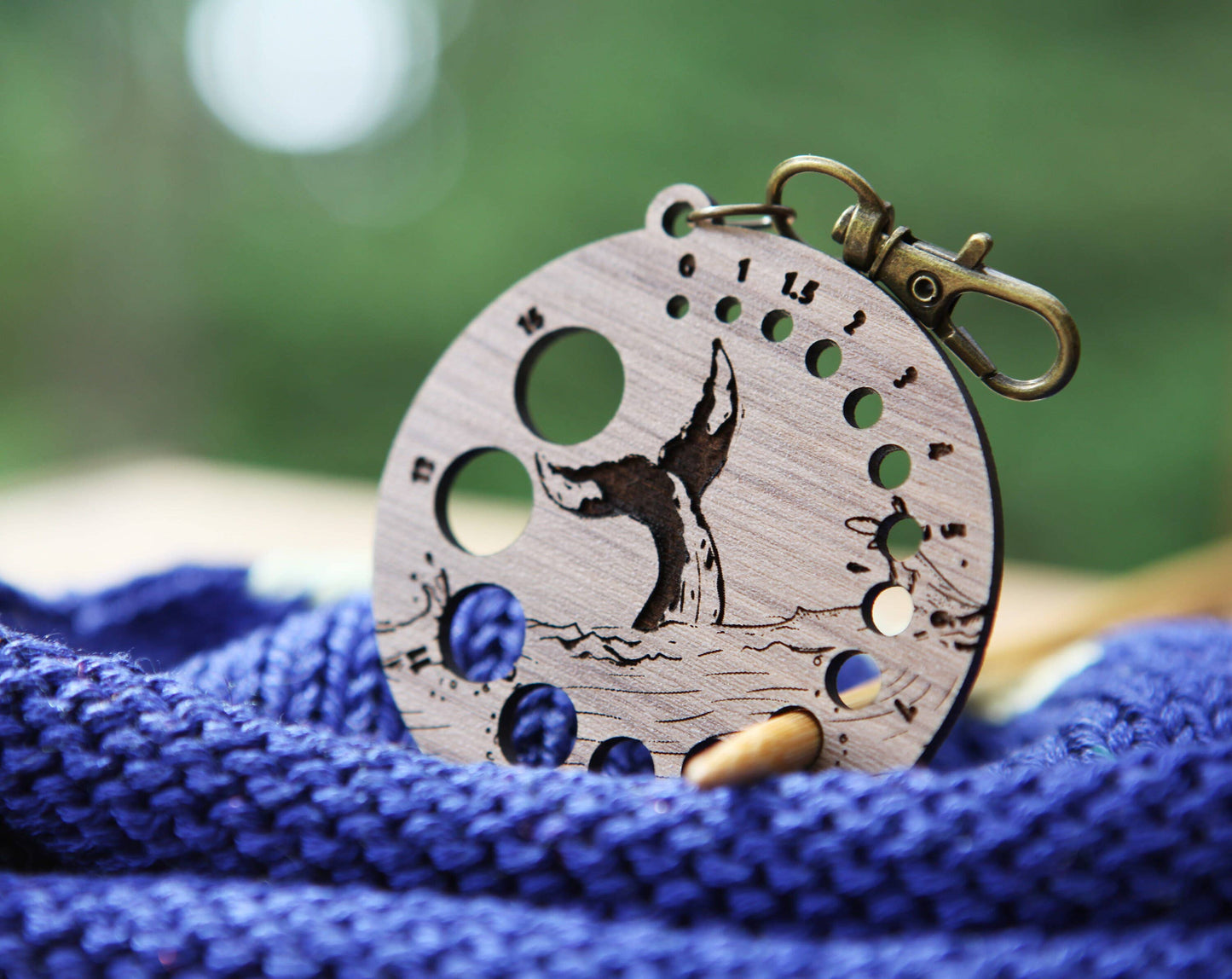 Walnut Whale Tail Knitting Gauge with Bronze Clasp