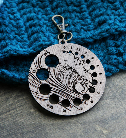 Walnut Knitting Needle Gauge with Ocean Wave & Bronze Clasp