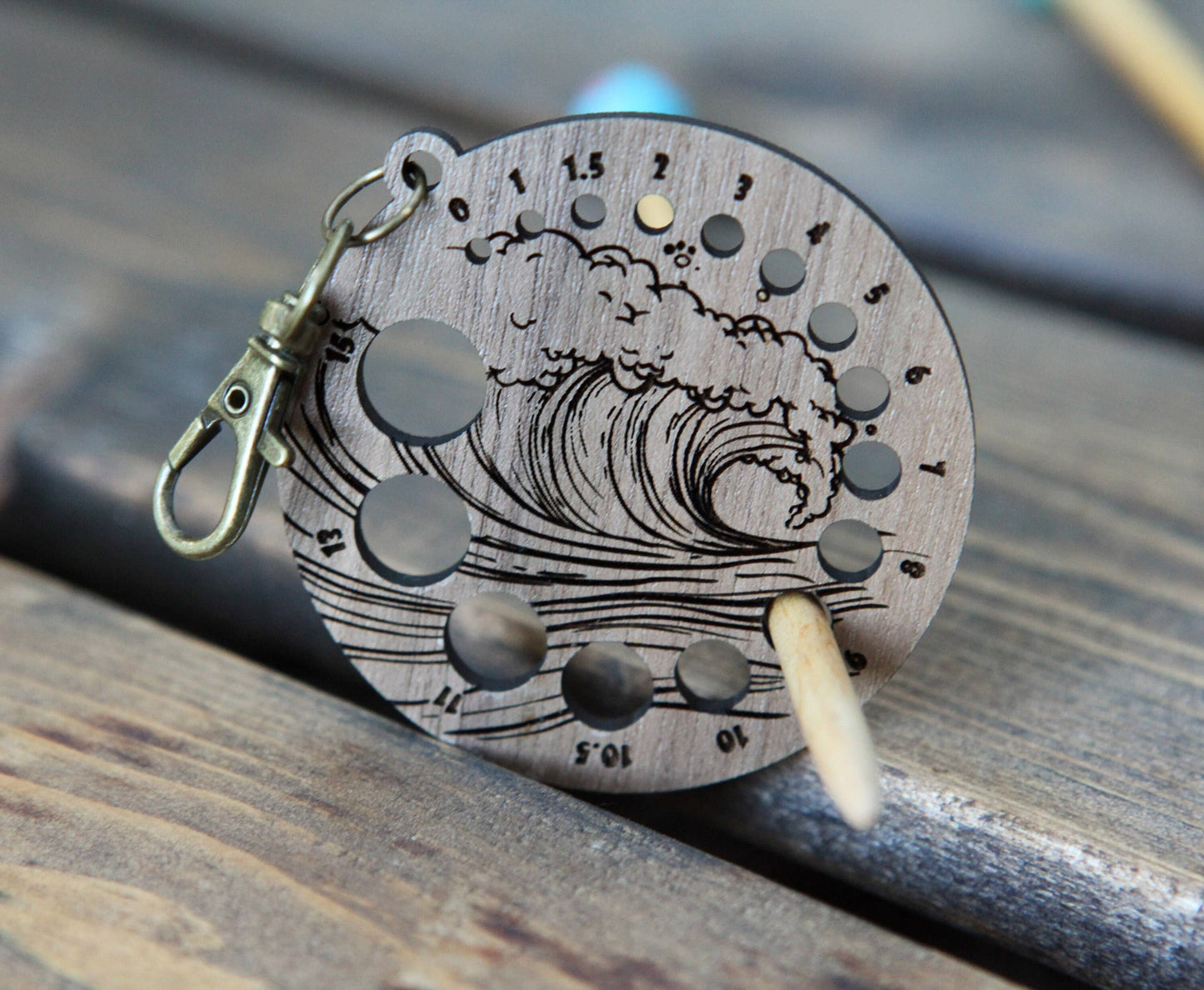 Walnut Knitting Needle Gauge with Ocean Wave & Bronze Clasp