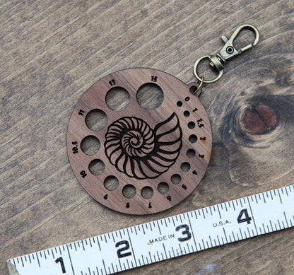 Walnut Nautilus Knitting Needle Gauge & Bronze Clasp