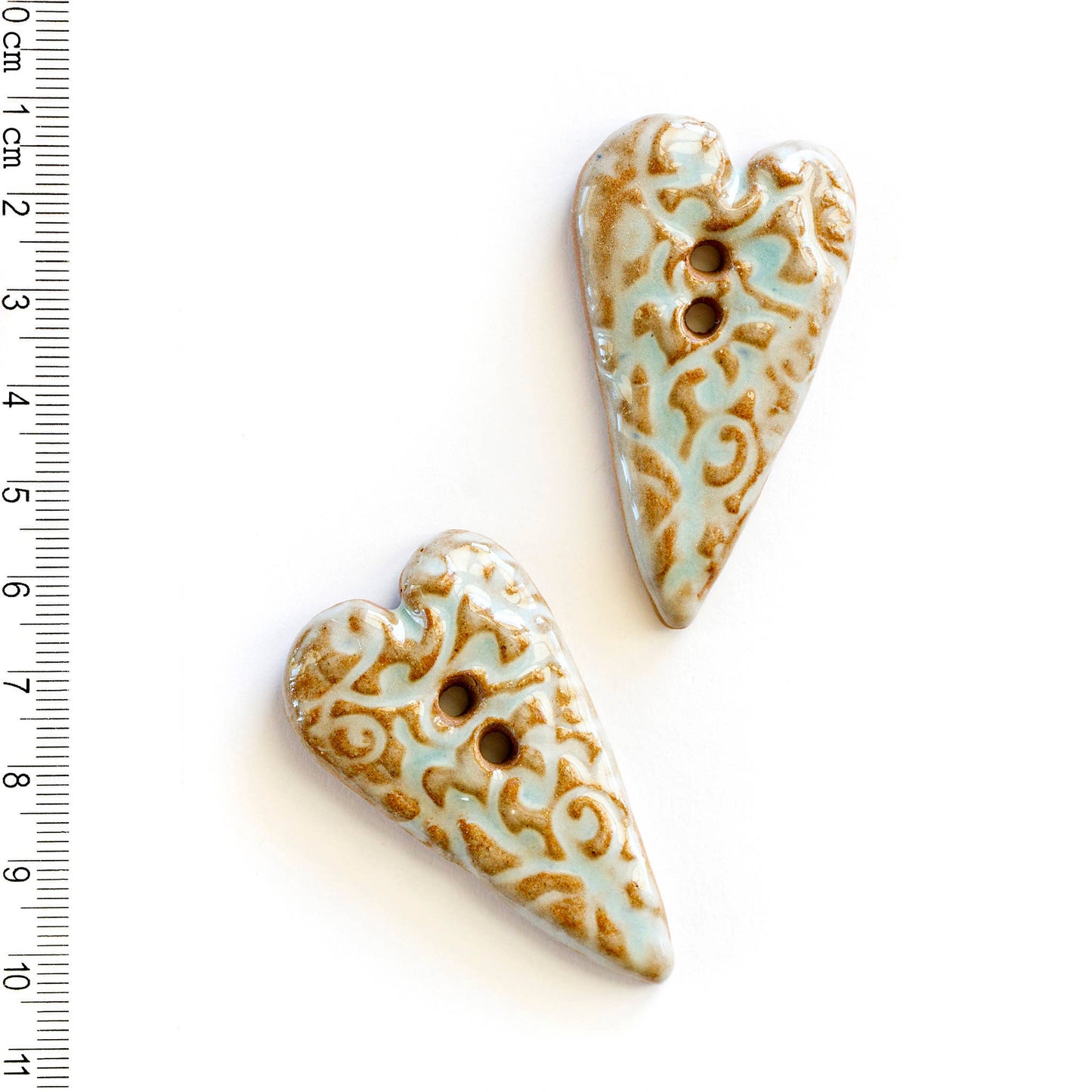 Patterned Heart Sewing Buttons, Turquoise Terracotta Clay
