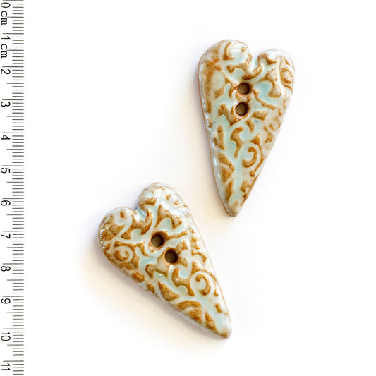 Patterned Heart Sewing Buttons, Turquoise Terracotta Clay