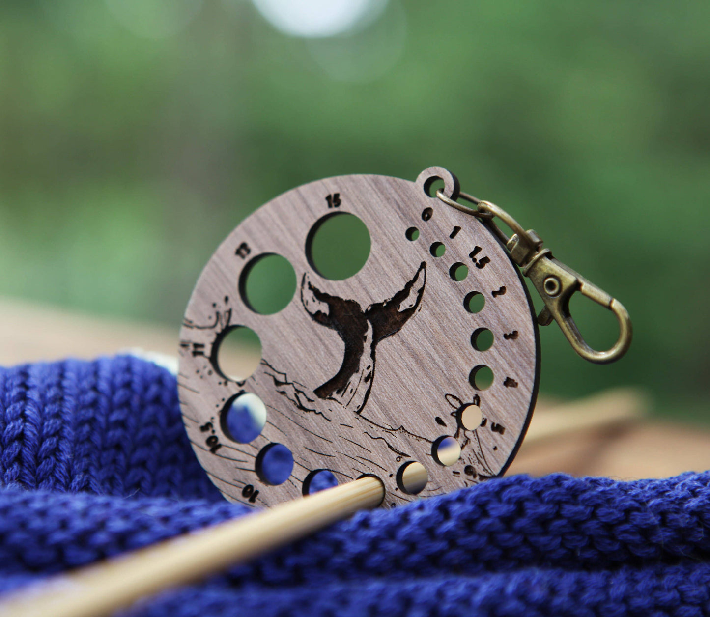 Walnut Whale Tail Knitting Gauge with Bronze Clasp