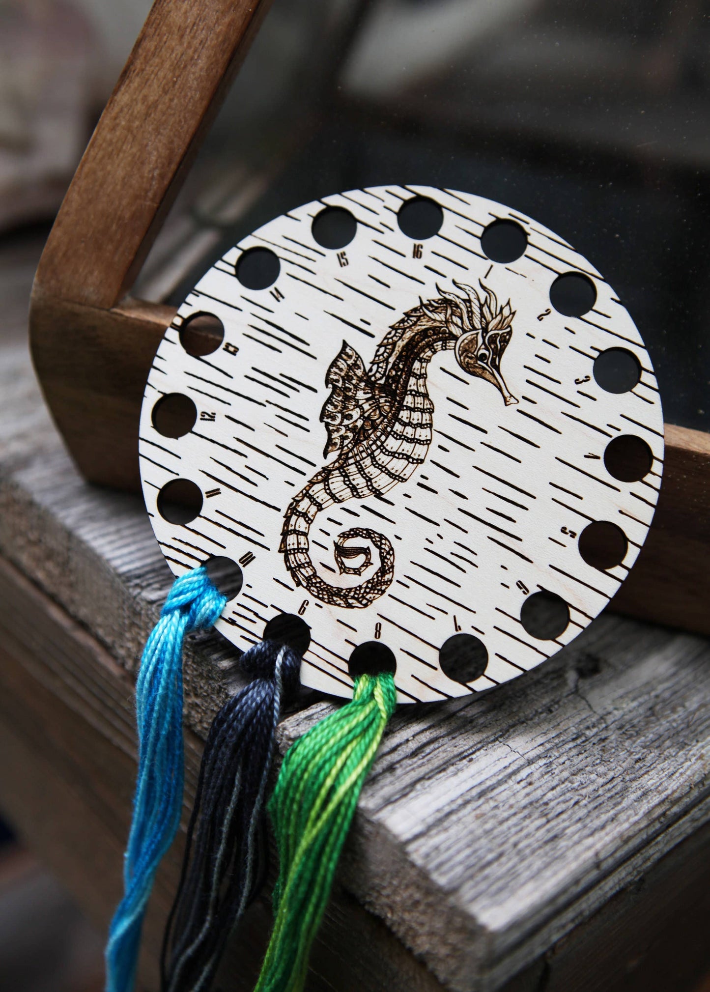 Seahorse Embroidery Floss Storage Holder - Maple Wood Circle