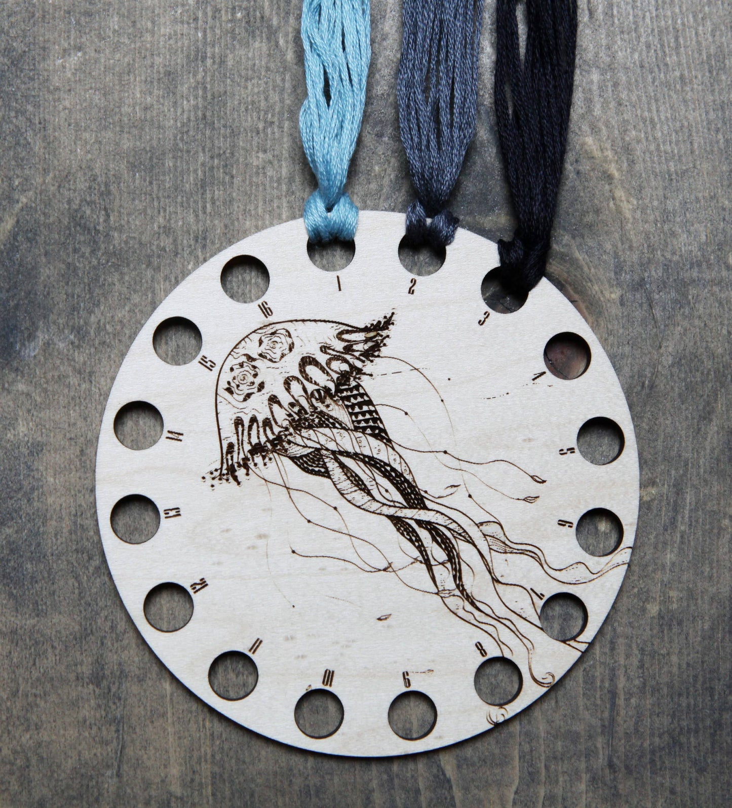 Circular Maple Wood Jellyfish Embroidery Floss Holder