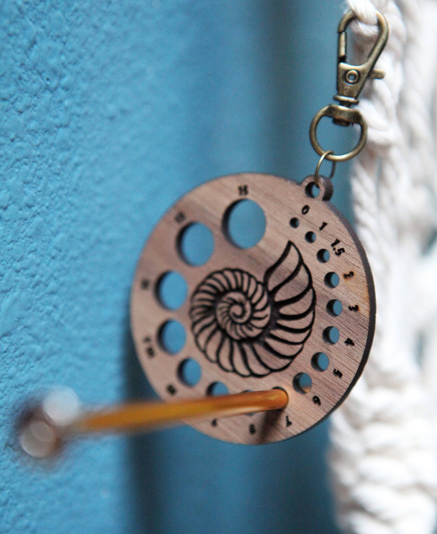 Walnut Nautilus Knitting Needle Gauge & Bronze Clasp
